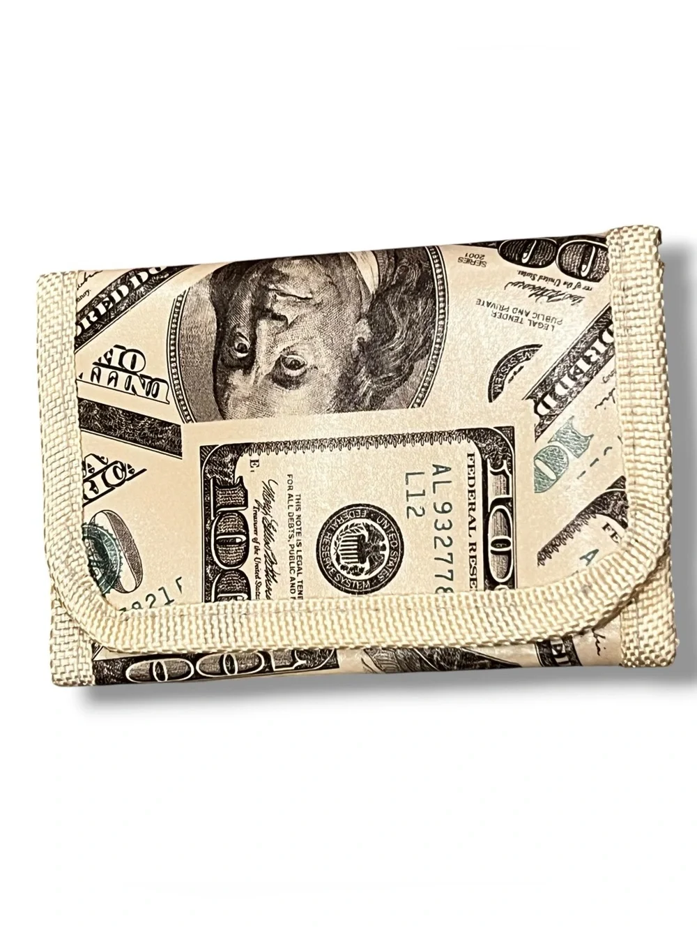 Lucky Wallet Tri-Fold Benjamins $100 US Dollar Bill Novelty Zip Bill Pocket B-7